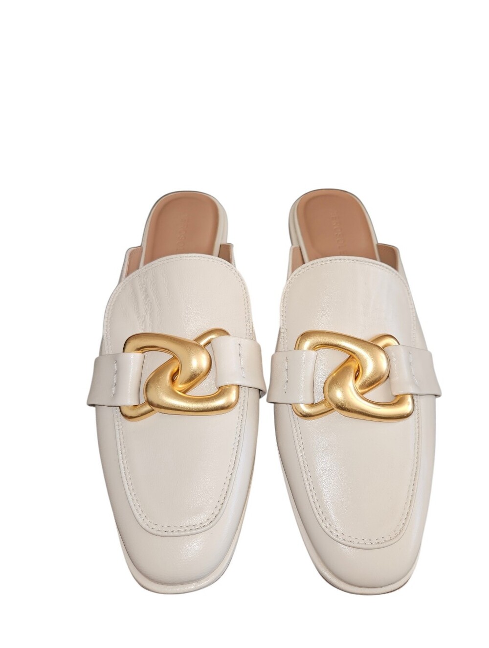 AEROSOLES Nella Ivory Leather Slip-On Mules w/ Gold Chain-Link Accent Size 9 NEW